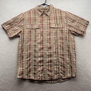 PrAna Button Up Shirt Mens Large L Brown Red Plaid Earth Tone Hiking‎ Camping